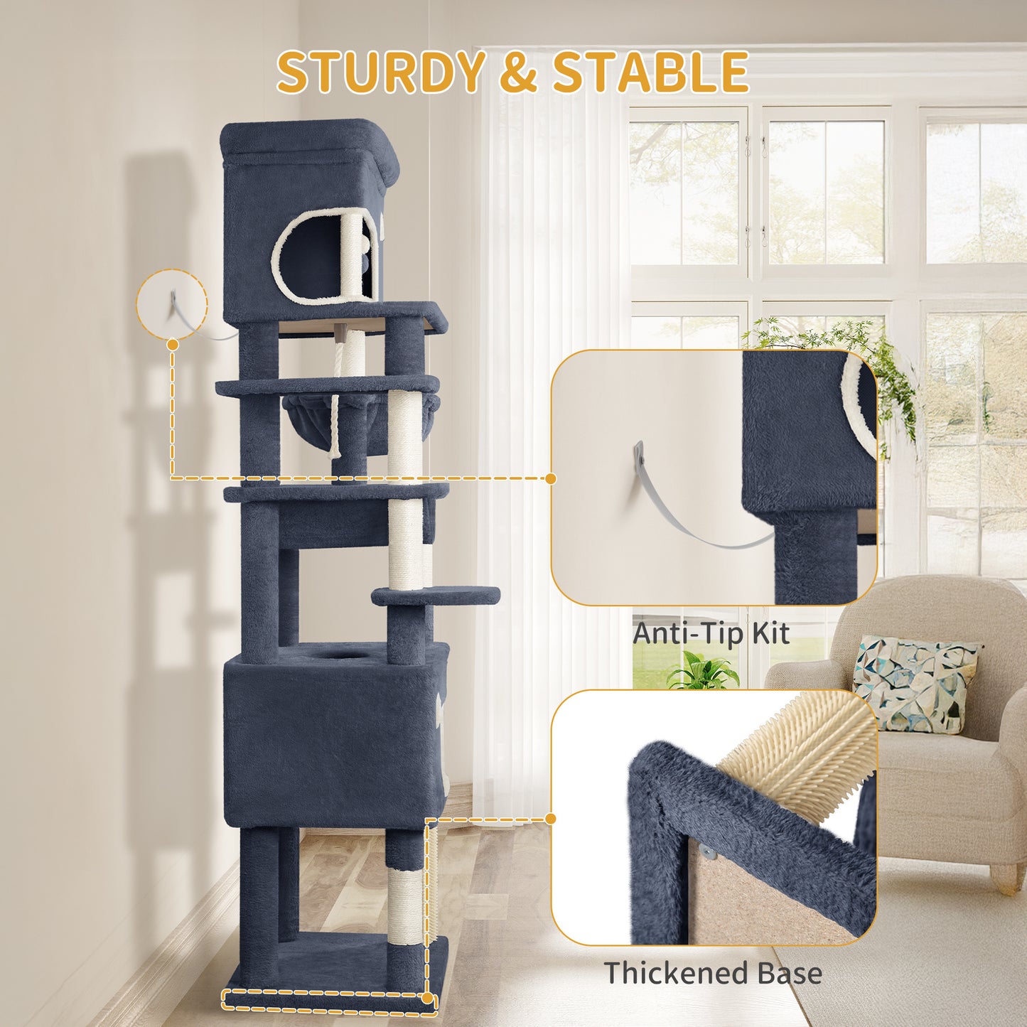 Krabpaal – Kattenboom – Kattenkrabpaal – Krabmeubel – Kattenhuis – 203 cm Hoog – 7 Lagen Met Sisal & 2 Ruime Holtes – Donkergrijs