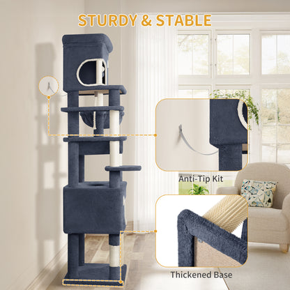 Krabpaal – Kattenboom – Kattenkrabpaal – Krabmeubel – Kattenhuis – 203 cm Hoog – 7 Lagen Met Sisal & 2 Ruime Holtes – Donkergrijs