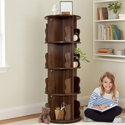360° Draaibare Boekenplank – Draaibare Boekenkast – Rotatie Boekenrek – Verticale Boekenplank – Houten Boekenrek – 5 Lagen – Compact Ruimtebesparend Design – Massief Hout Retro Bruin