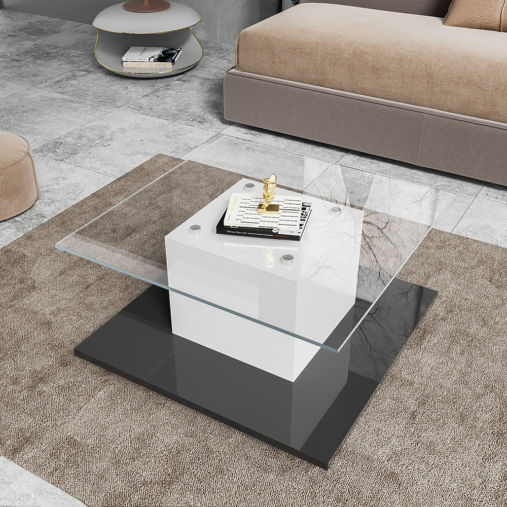 Salontafel – Koffietafel – Tafel – Bijzettafel – Glasplaat – Zwart – Verstelbare Wieltjes – Opbergruimte – Hoogwaardig Glas – Compact Vierkant Design