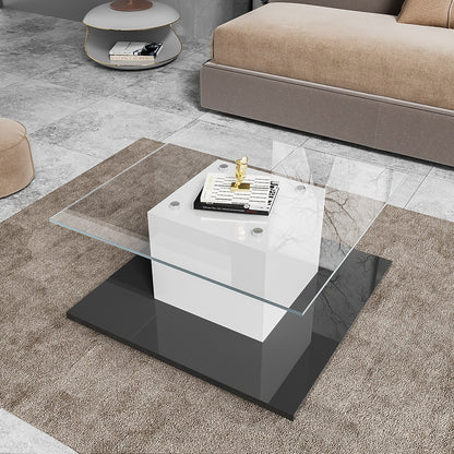 Salontafel – Koffietafel – Tafel – Bijzettafel – Glasplaat – Zwart – Verstelbare Wieltjes – Opbergruimte – Hoogwaardig Glas – Compact Vierkant Design