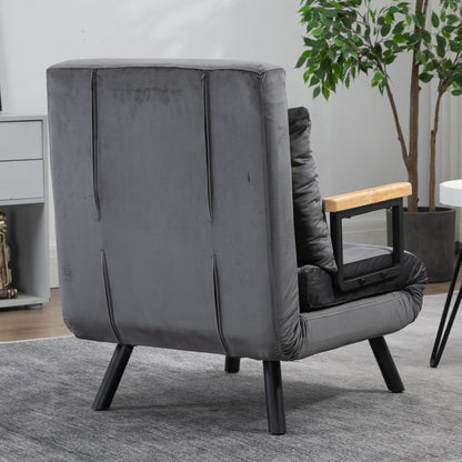 Slaapbank – Bedbank – Slaapstoel – Tweepersoonsbed – Verstelbare Rugleuning – Fluweelzachte Donkergrijze Bekleding – Stalen Frame – Inclusief Kussen