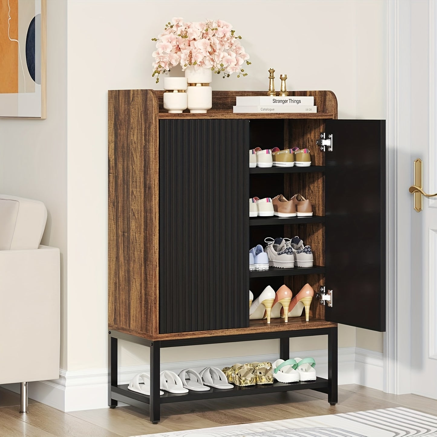 Schoenenkast – Schoenenrek – Schoenopberger – Schoenenkastje – Schoenmeubel – Ruimtebesparend Verticaal Design – Stevig Spaanplaat Met Metalen Accenten