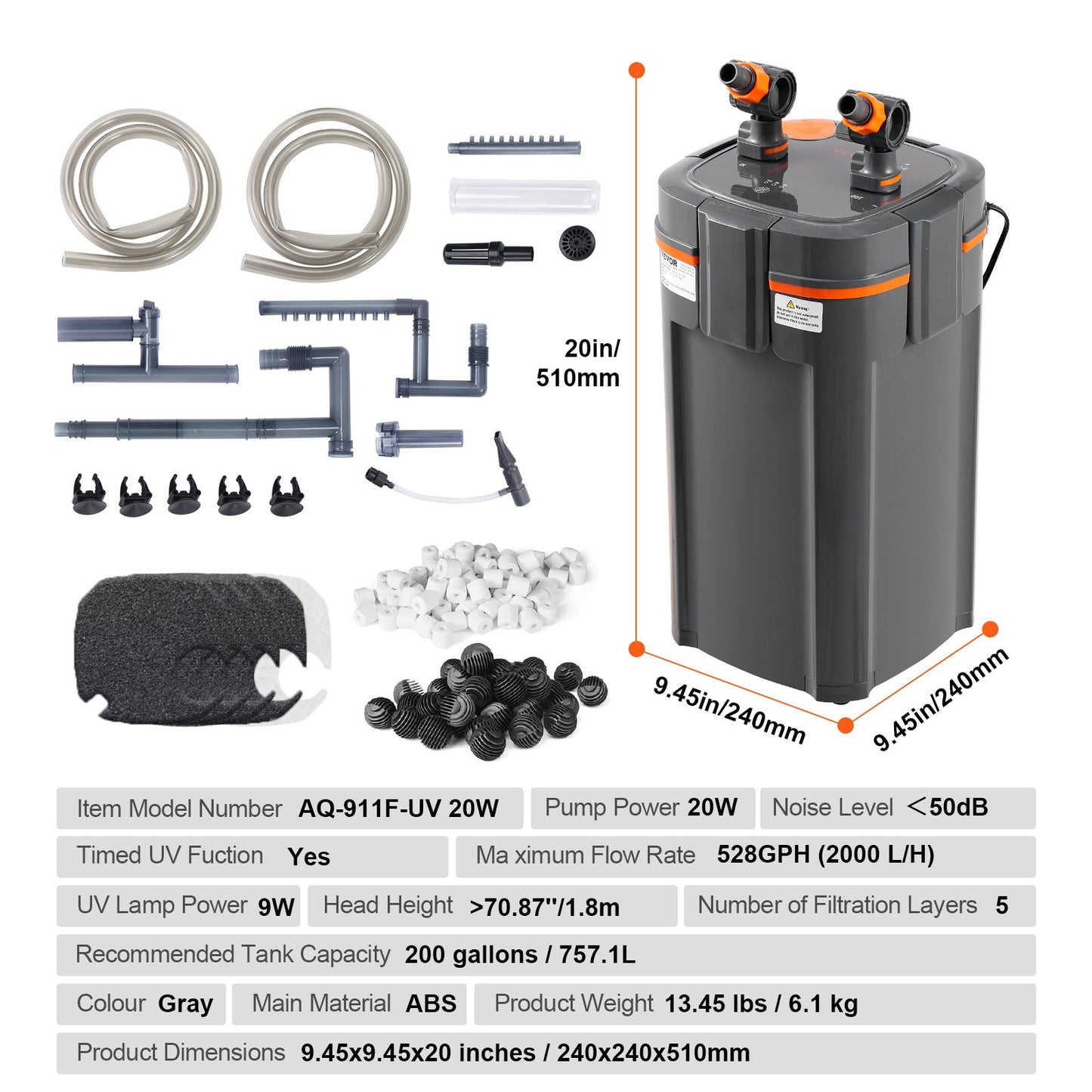 Buitenfilter Aquarium – Aquariumfilter – Vissenfilter – Schildpaddenfilter – Kanisterfilter – 2000 L/uur Capaciteit – Stil Met UV-C Lamp