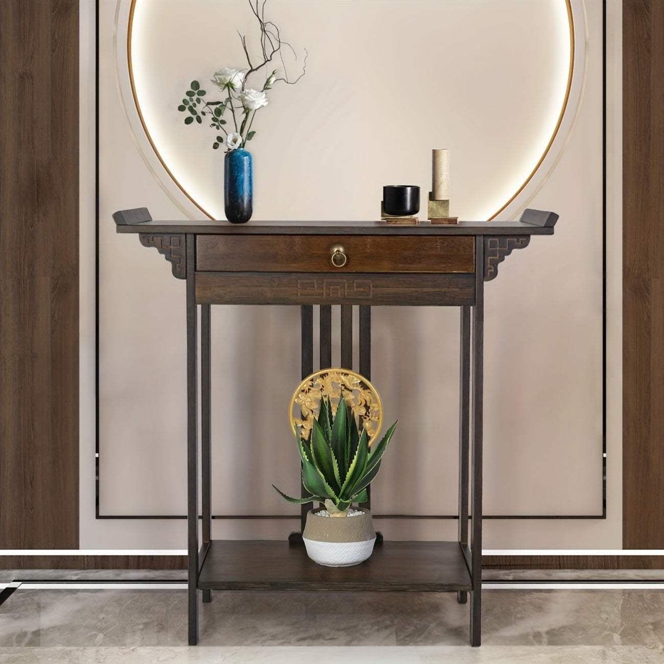 Retro Farmhouse Sidetable – Houten Dressoir – Halmeubel – Sofa Tafel – Nachtkastje – Donkerbruin – Massief Hout – Lade en Plank – 119,89x39,88x76,96 cm – Gouden Knoppen – Eenvoudige Montage
