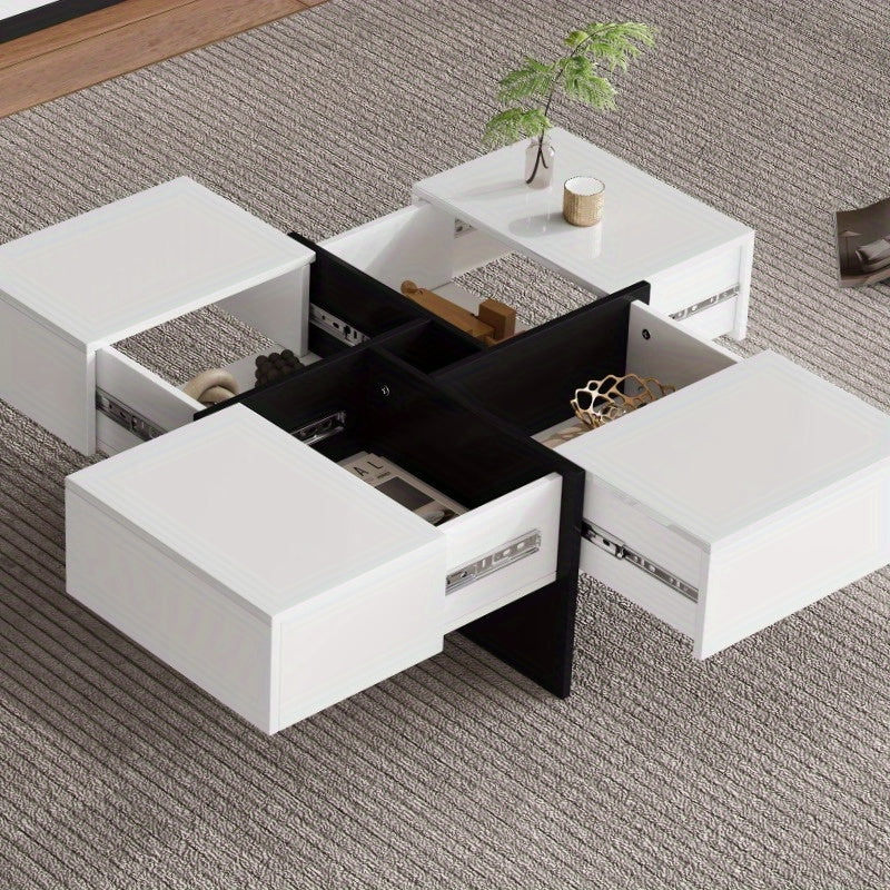 Salontafel – Woonkamertafel – Koffietafel – Tafel – Bijzettafel – Hoogglans Zwart – Vierkant 70x70x35 cm – 4 Opbergladen – Max. Belastbaar 30 kg