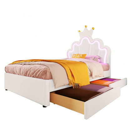 Upholstered Bed, 90 X 200 Cm, Without Mattress Crowned Princess Bed, Adjustable Headboard, White
