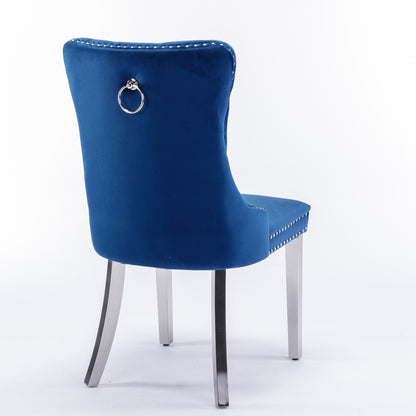 Modern, High-end Tufted Solid Wood Contemporary Velvet Upholstered Dining Chair with Chrome Stainless Steel Plating Legs,Nailhead Trim,Set of 2,Blue and Chrome, DE1701BL