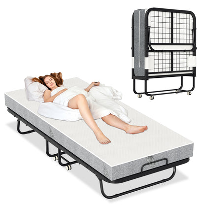 Opvouwbaar Bed – Logeerbed – Vouwbed – Gastbed – Klapbed – Met 13 Cm Dikke Matras – Carbonstalen Frame Met Wieltjes 90x200 Cm