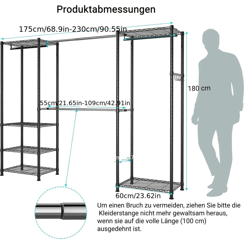 Kledingrek – Garderoberek – Kledinghanger – Dressboy – Kledingstandaard – Verstelbaar 175-230 cm – Carbonstaal Zwart – Draagkracht 395 kg – Ruimtebesparend