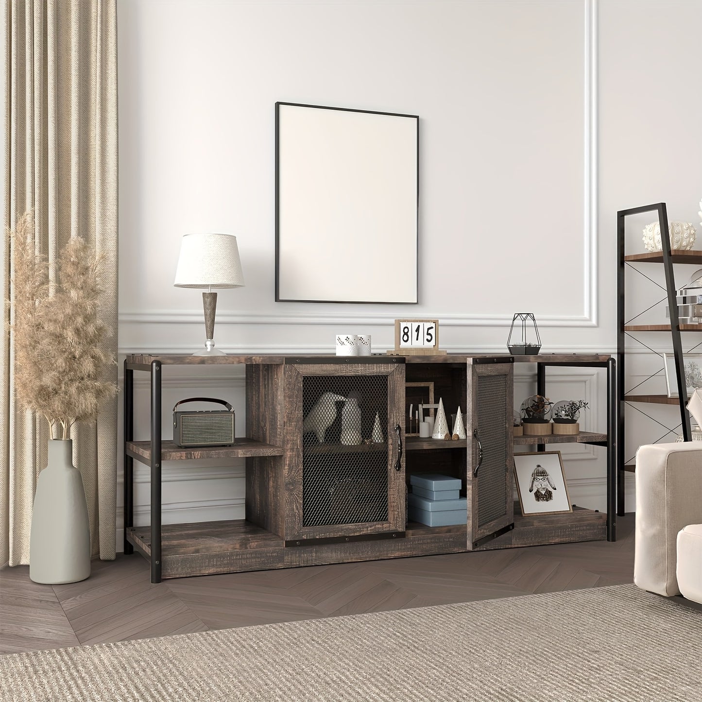 Heavy-Duty TV Stand for 65+ Inch TVs - Farmhouse Industrial Media Console with Storage Cabinet, Mesh Doors - Rustic Oak Entertainment Center - Sturdy Hardwood Construction - Living Room Furniture for Modern, Farmhouse, Apartm