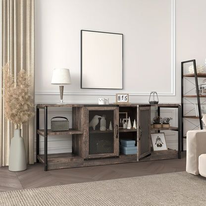 Heavy-Duty TV Stand for 65+ Inch TVs - Farmhouse Industrial Media Console with Storage Cabinet, Mesh Doors - Rustic Oak Entertainment Center - Sturdy Hardwood Construction - Living Room Furniture for Modern, Farmhouse, Apartm