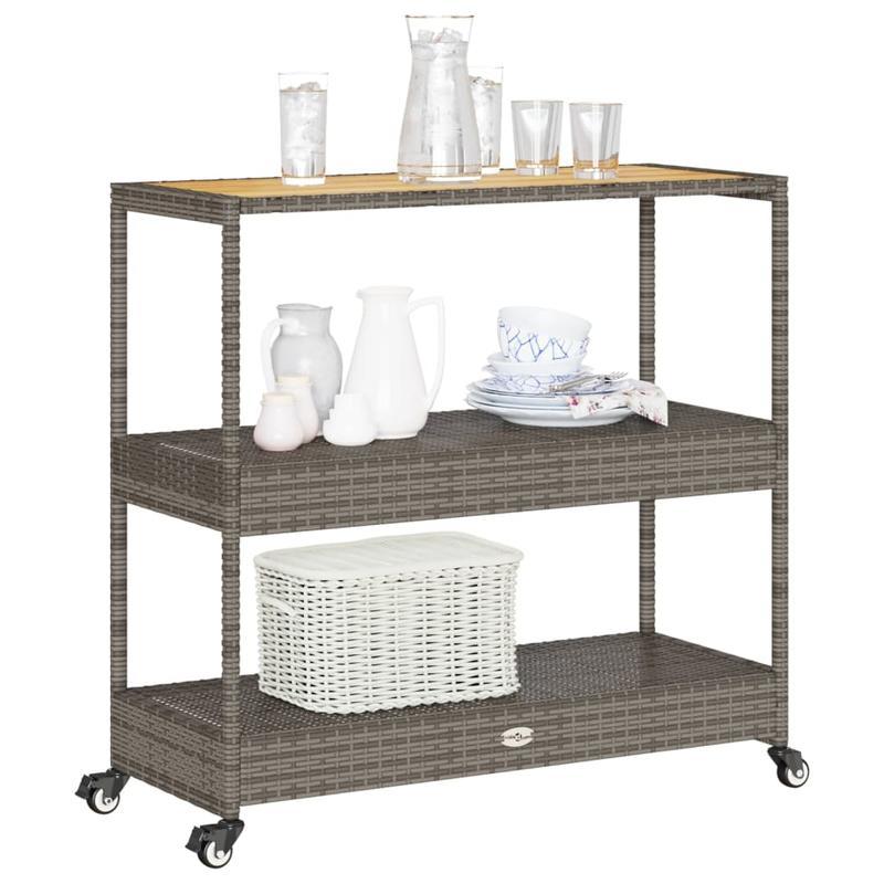 Keukentrolley 3-laags poly rattan en massief acaciahout grijs