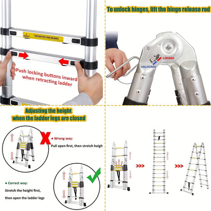 Telescopische Ladder – Uitschuifbare Ladder – Vouwladder – A-Frame Ladder – Trappenladder – 5 Meter Hoogte – Roestvrij Staal & Stabilisatorbalk