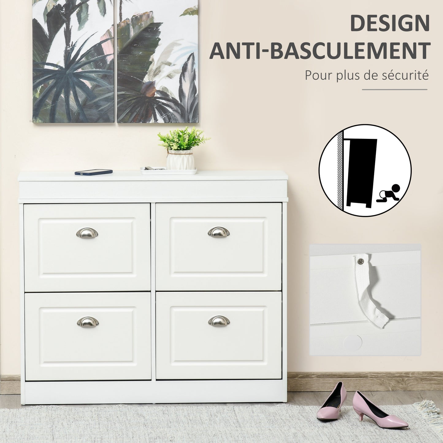 Schoenenkast – Schoenenrek – Schoenopbergmeubel – Schoenenkast – Schoenenhouder – Wit MDF – 4 Vouwdeuren – Ruime Opbergruimte – Compact Design 98x24x83 cm