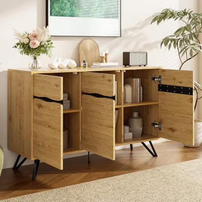 Dressoir – Opbergkast – Ladekast – Buffetkast – Kast – Modern Design – Zwart Metalen Poten & Wit – Onderhoudsvriendelijk Zonder Hout – 3 Deuren Met Open Vak En Verstelbare Plank
