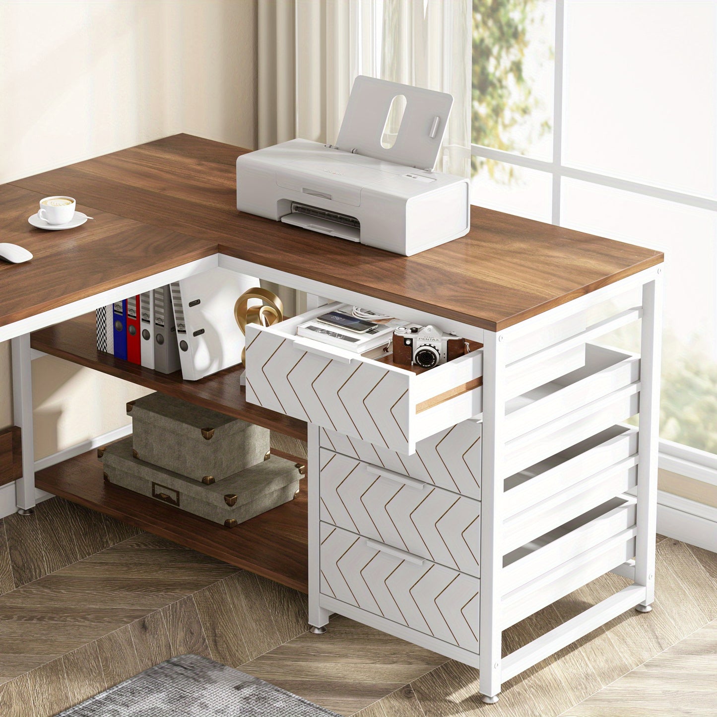 Hoekbureau – Bureau – Computertafel – Werkplek – Schrijftafel – L-vormig en omkeerbaar ontwerp – Stevig MDF met walnoot & wit