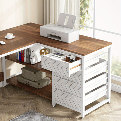 Hoekbureau – Bureau – Computertafel – Werkplek – Schrijftafel – L-vormig en omkeerbaar ontwerp – Stevig MDF met walnoot & wit