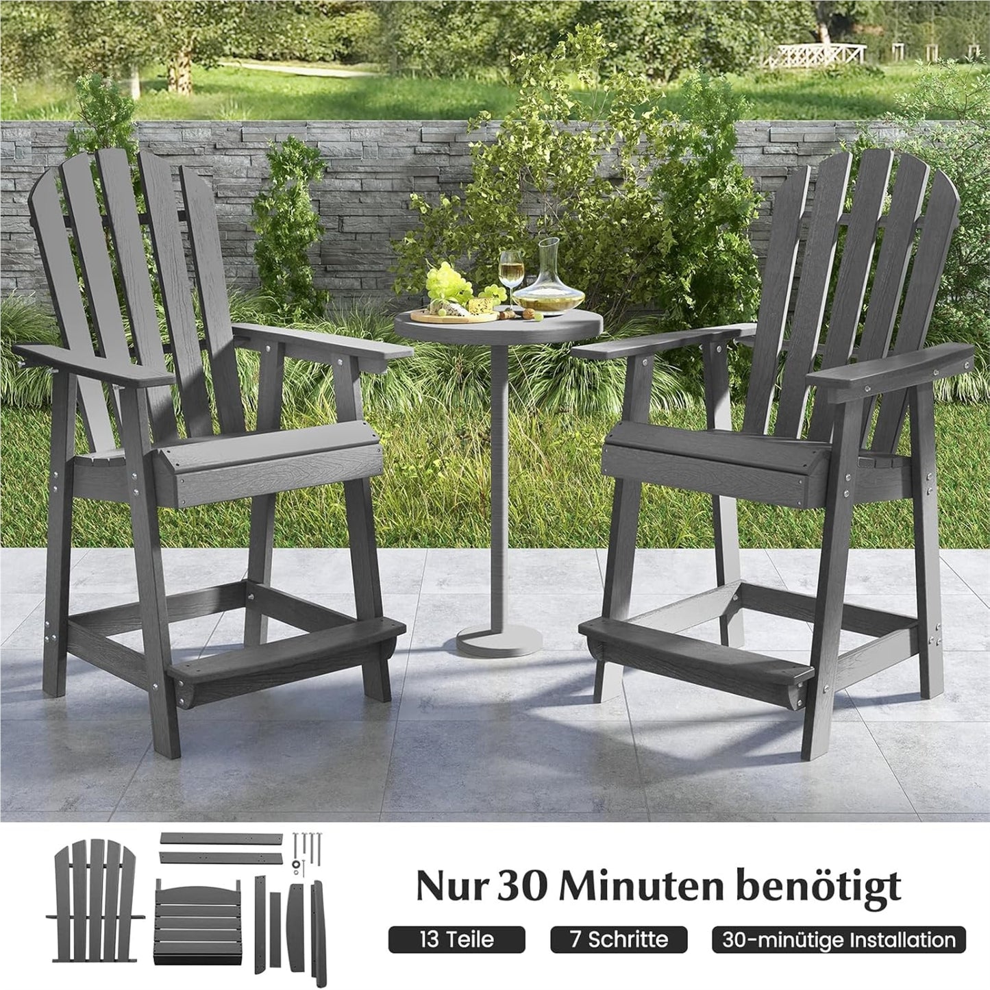 Adirondack Tuinstoel – Buitenstoel – Balkonstoel – Tuinstoel Met Voetsteun – Armleuningstoel – Weerbestendig HDPE – Comfortabele Hoge Rugleuning – Grijs