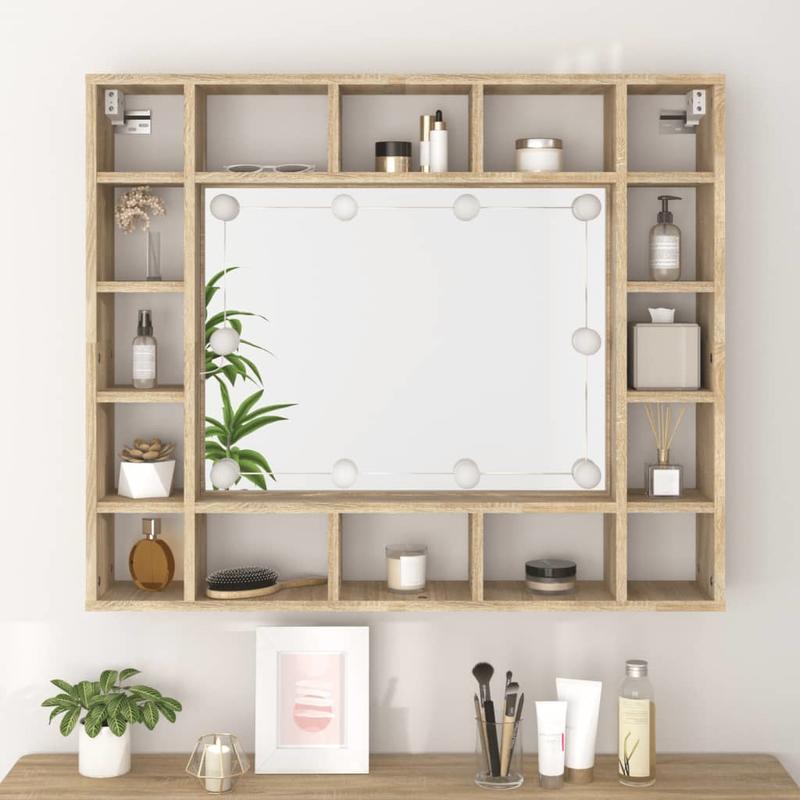 Badkamerspiegelkast – Spiegelkast – Medicijnkast – Wandkast – Badkamerkast – Ruimtebesparend Ontwerp – Sonoma Eikenfineer Met Heldere Glazen Deuren 91x15x76,5 cm
