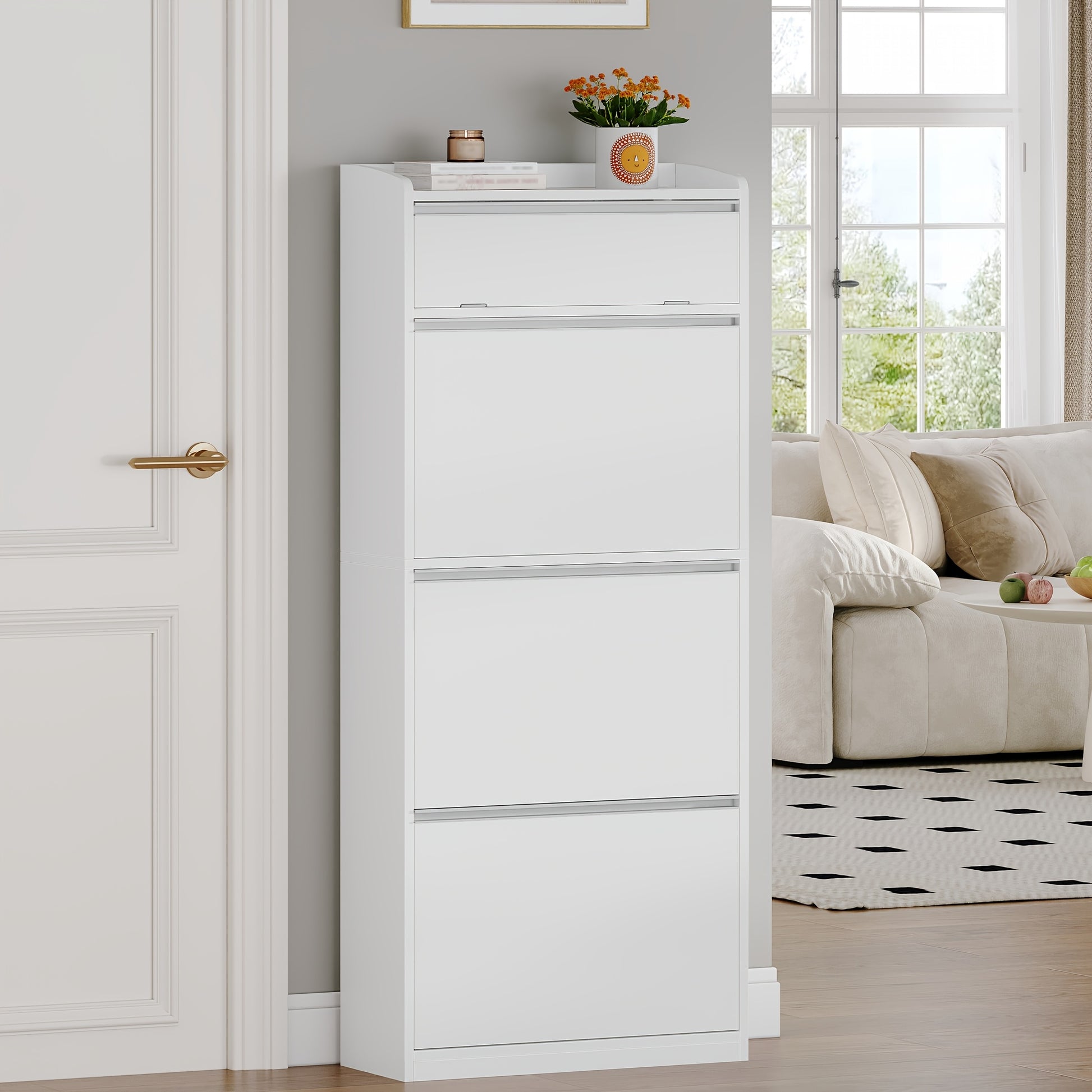Shoe Cabinet with 3 Drop-down Doors, Shoe Storage Unit, Narrow Shoe Chest with 1 Drop-down Shelf, for 12-18 Pairs Of Shoes, Adjustable Shelves, for Hallways, Entryways, 60 X 24 X 145cm, White - QUORE