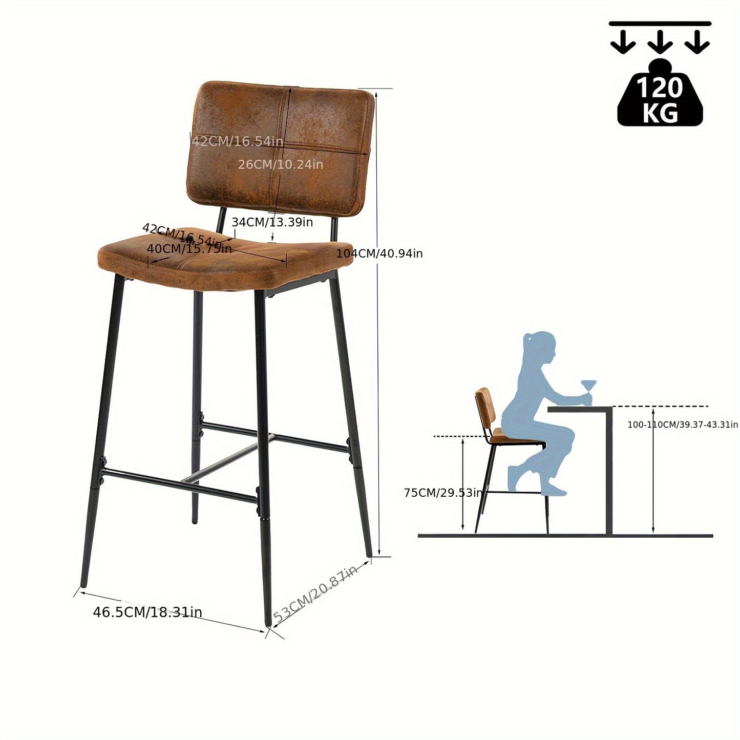 Barkruk – Barstoel – Kruk – Hoog zitmeubel – Bistrostoel – Industrieel design – Suède bekleding – Met rugleuning en voetensteun – Hoogte 75 cm – Metaal frame – Bruin