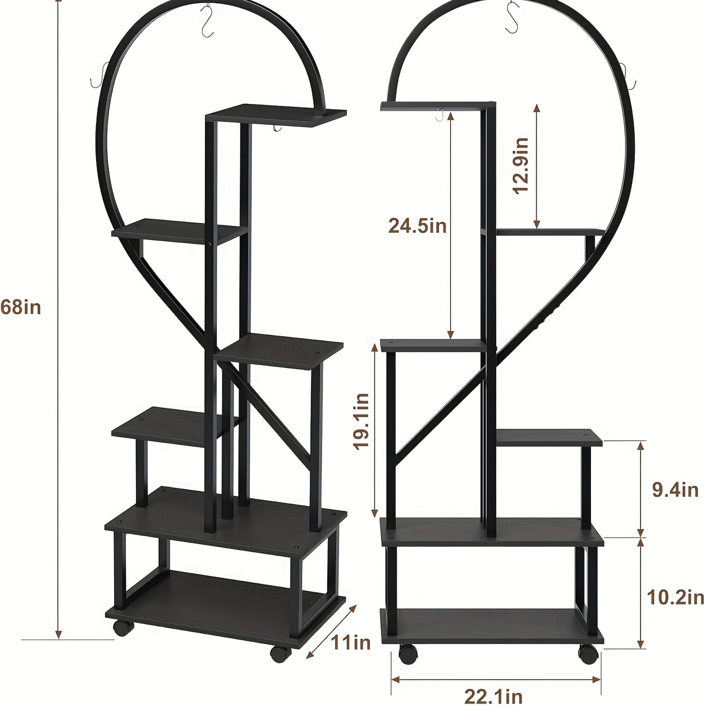 Plantenwagen – Plantenrek – Bloementrolley – Plantentrolley – Plantenkast – Zwart Metalen Frame – 6 Lagen – Mobiel met Wieltjes – 110x28x172 cm – Geschikt Binnen en Buitengebruik