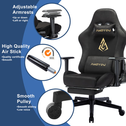 Ergonomic Gaming Chair with Footrest & Lumbar Support - Adjustable Height, 360° Swivel, Manual Recline Handle, Thickened PU Cushioned Seat & Backrest, Breathable Mesh-like Open Back Design, Heavy-Duty Metal Frame - Racing St