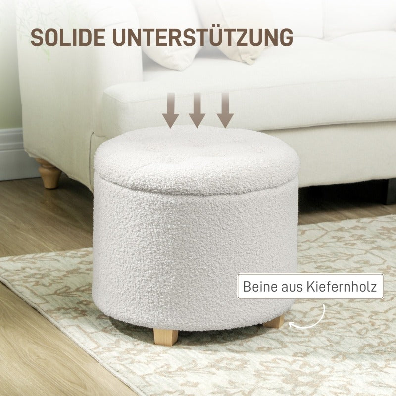 Opbergpoef – Opbergkoffer – Zitbankje – Voetenbank – Poef – Rond Design – Wit Met Houten Poten – Met Deksel