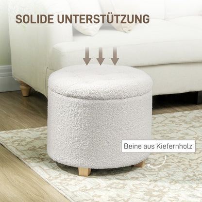 Opbergpoef – Opbergkoffer – Zitbankje – Voetenbank – Poef – Rond Design – Wit Met Houten Poten – Met Deksel