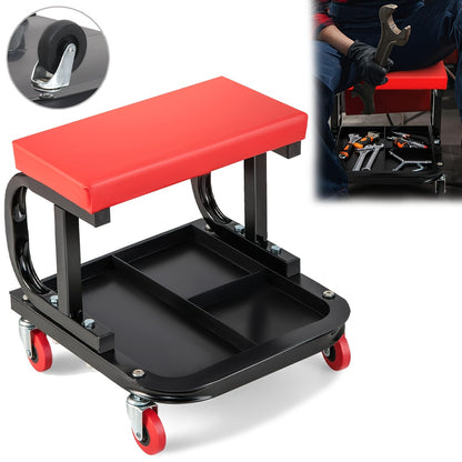 Werkkruk Garagekruk Werkstoel Werkbank Krukje – Mobiele Zwenkwielen Gereedschapbak – PU Lederen Zitkussen – Robuust IJzeren Frame – 36x37x33,5 cm – 360° Draaibaar