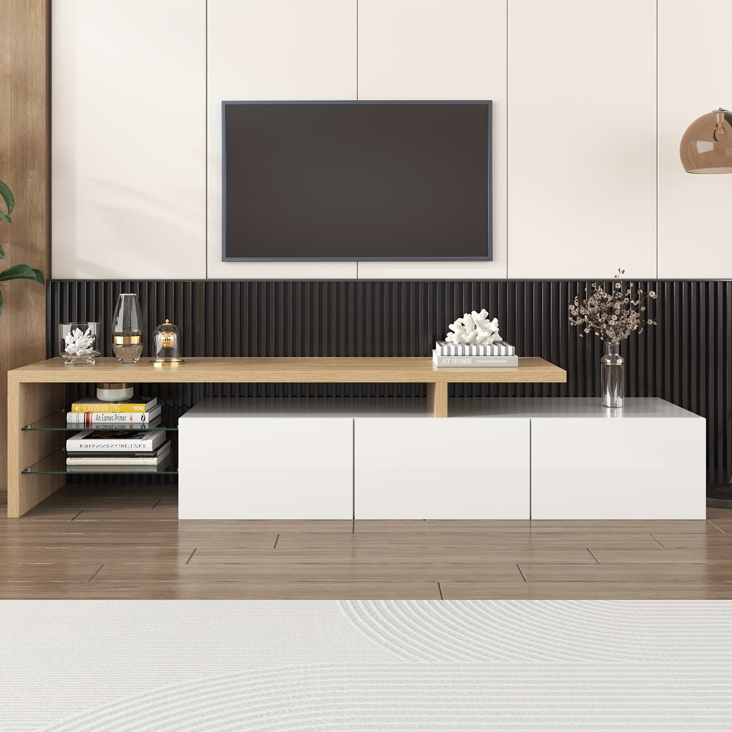 Tv Meubel – TV Kast – TV Meubelkast – Mediameubel – TV Dressoir – Hoogglans Wit – Bamboe Met Glazen Planken – Minimalistisch Ruimtebesparend Design