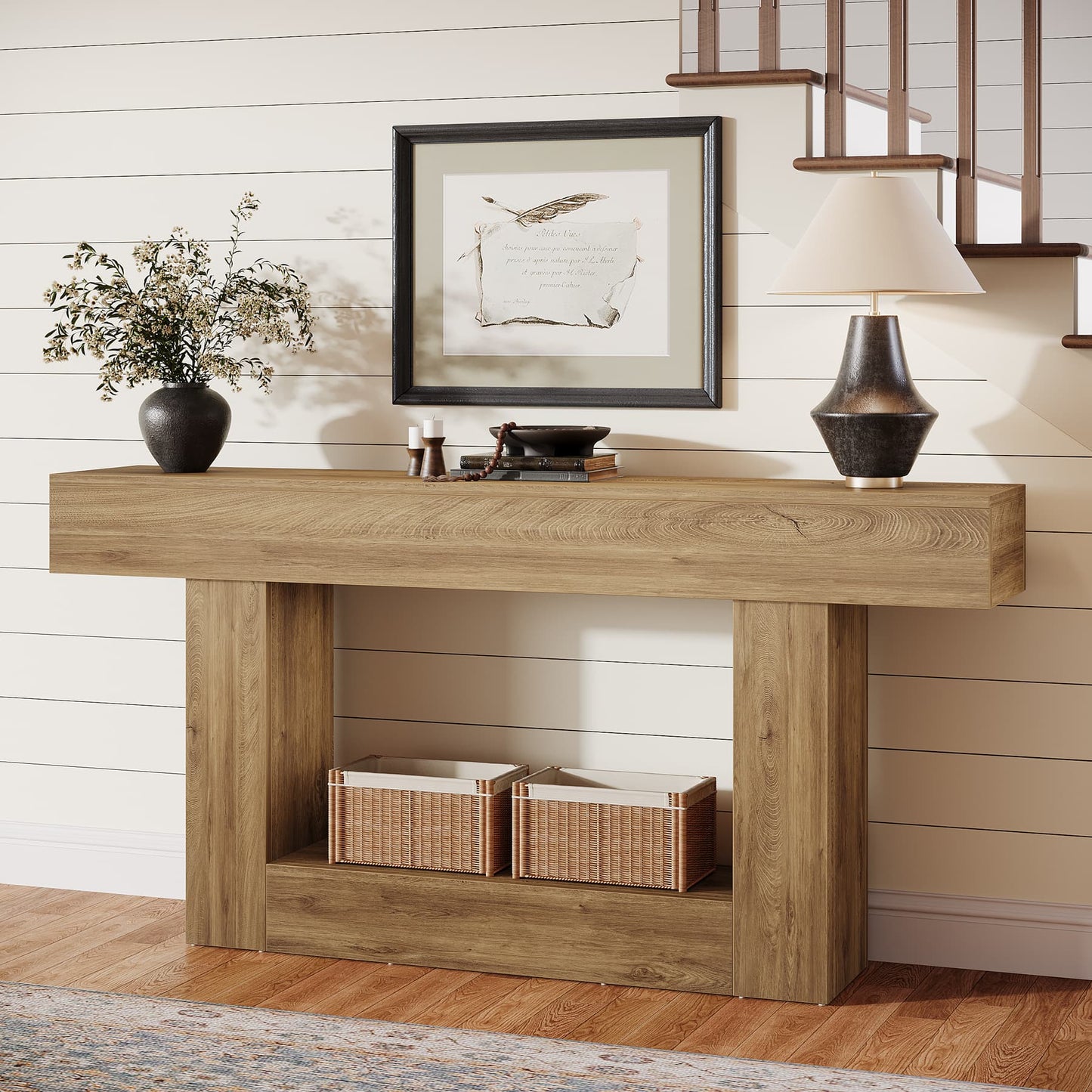 Farmhouse Sidetable – Sidetable – Console Tafel – Sofa Tafel – Haltafel – Lichtbruin – 160 cm Breed – Stevige Houten Constructie met 2 Opbergniveaus