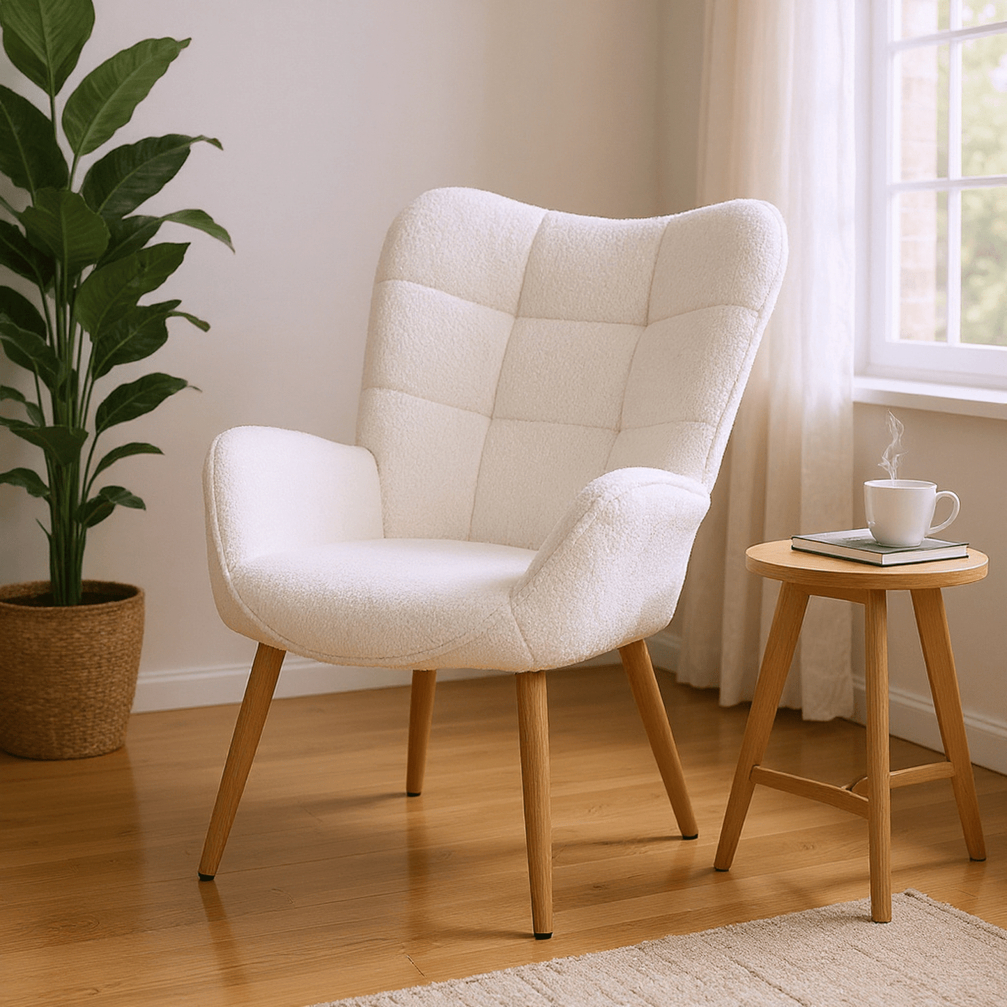 Loungestoel – Fauteuil – Leunstoel – Relaxstoel – Zithoekstoel – Scandinavisch Design – Fleece Bekleding – Houten Poten – Wit – 72x62x90,5 cm