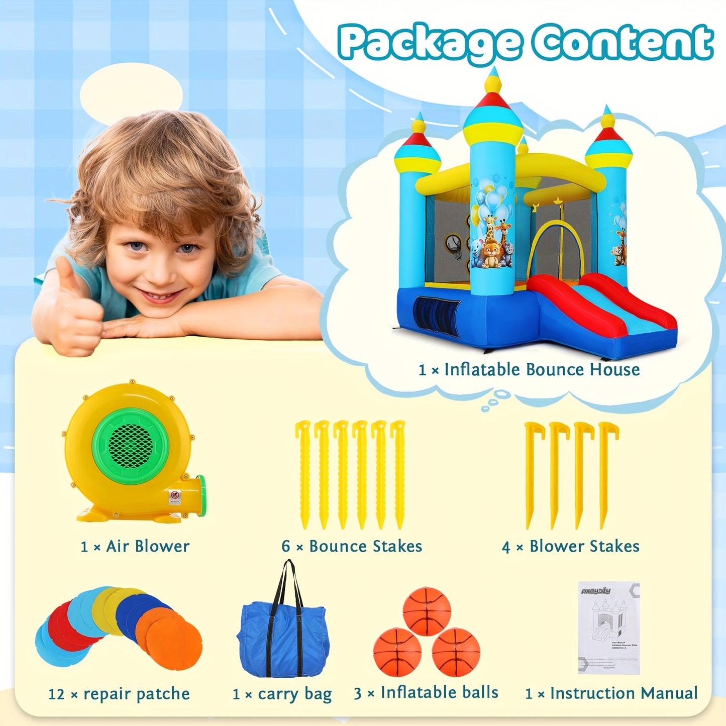 Springkasteel – Bouncy Castle – Opblaasbaar Speelhuis – Springkussen – Jumping Castle – Tropisch Jungle Design – Inclusief Elektrische Blaaspomp – Duurzaam Waterbestendig Materiaal