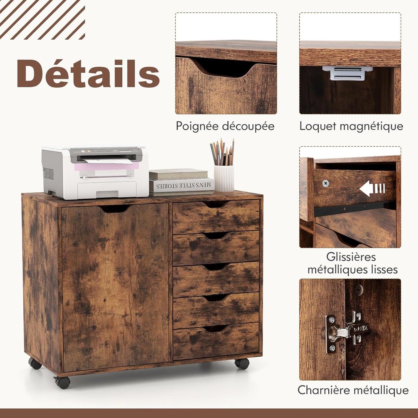 Printerkast – Bureaukast – Opbergkast – Printertafel – Opbergmeubel – Mobiel op wieltjes – Verstelbaar tussenrek – 78x40x65 cm – Houtkleur bruin