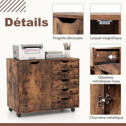 Printerkast – Bureaukast – Opbergkast – Printertafel – Opbergmeubel – Mobiel op wieltjes – Verstelbaar tussenrek – 78x40x65 cm – Houtkleur bruin