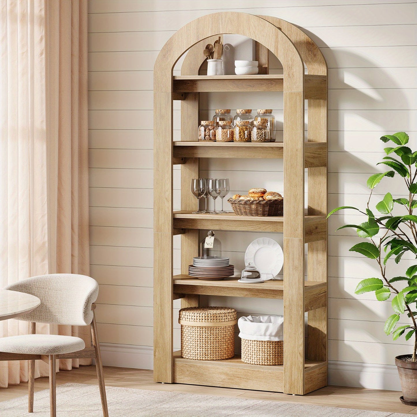 Boekenkast – Boekenrek – Opbergkast – Wandkast – Vakkenkast – Hoogstaand – Boogvormig Ontwerp – Hout & MDF – 5 Planken – Teak Kleur – Ruimtebesparend – 22,5 kg Draagvermogen per Plank