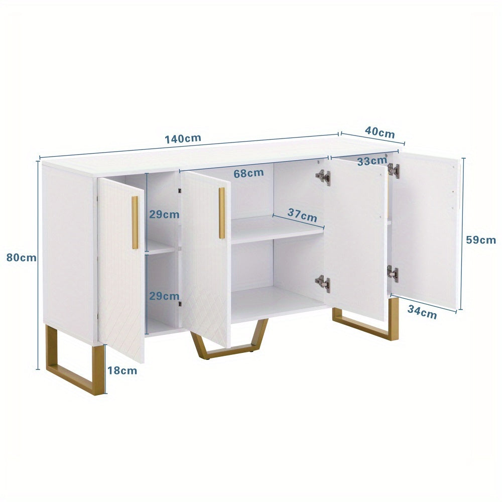 Modern White Geometric Storage Cabinet with 4 Doors - Freestanding Organizer, Easy Assembly, Spacious Interior for Living Room, Dining Room, Entryway - Sturdy Metal Construction, Space-Saving Design (140x40x80cm/55x16x31.5in)