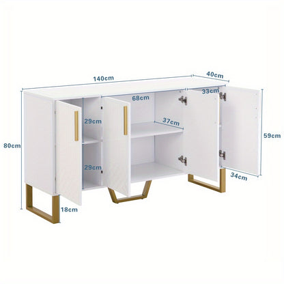 Modern White Geometric Storage Cabinet with 4 Doors - Freestanding Organizer, Easy Assembly, Spacious Interior for Living Room, Dining Room, Entryway - Sturdy Metal Construction, Space-Saving Design (140x40x80cm/55x16x31.5in)