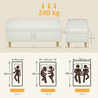 Poef – Opbergpoef – Hocker – Zitzak – Voetenbank – Crème Wit – Fluwelen Stoffering – Hout Met Opbergruimte – 84 Liter – Max. 240 kg Belastbaar
