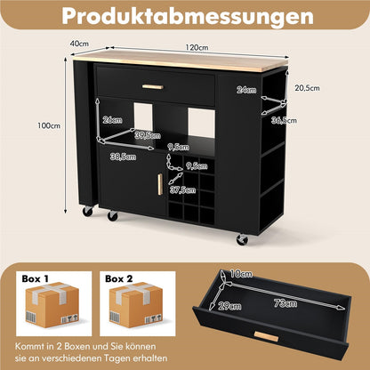 Keukentrolley – Keukenwagen – Keukenkar – Serveertrolley – Keukenmeubel – Zwenkwielen Met Remmen – Wijnrek Voor 12 Flessen – Zwart