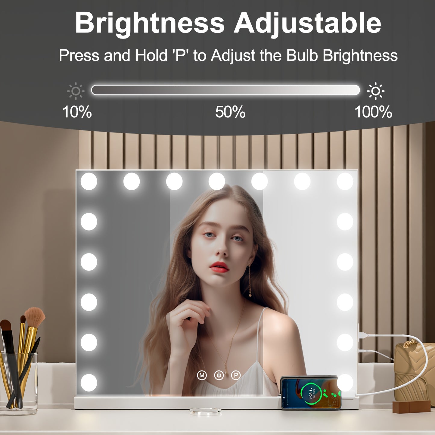 Make-up Spiegel – Beauty Spiegel – Verlichte Spiegel – Vergrotende Spiegel – USB Spiegel – 18 Dimbare Lampen – 10x Vergroting – Wit Metalen Frame – 80x60 cm