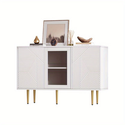 White Commode 3 Doors Glass Front Metal Legs Modern Storage Cabinet 120 cm Wide 38 cm Deep 79.5 cm High Dresser Chest of Drawers