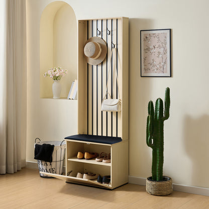 Halmeubel – Halbankje – Schoenenkast – Kapstok – Opbergmeubel – Natuurlijke Kleur – Ruimtebesparend Design – Comfortabele Zitting met 4 Haken