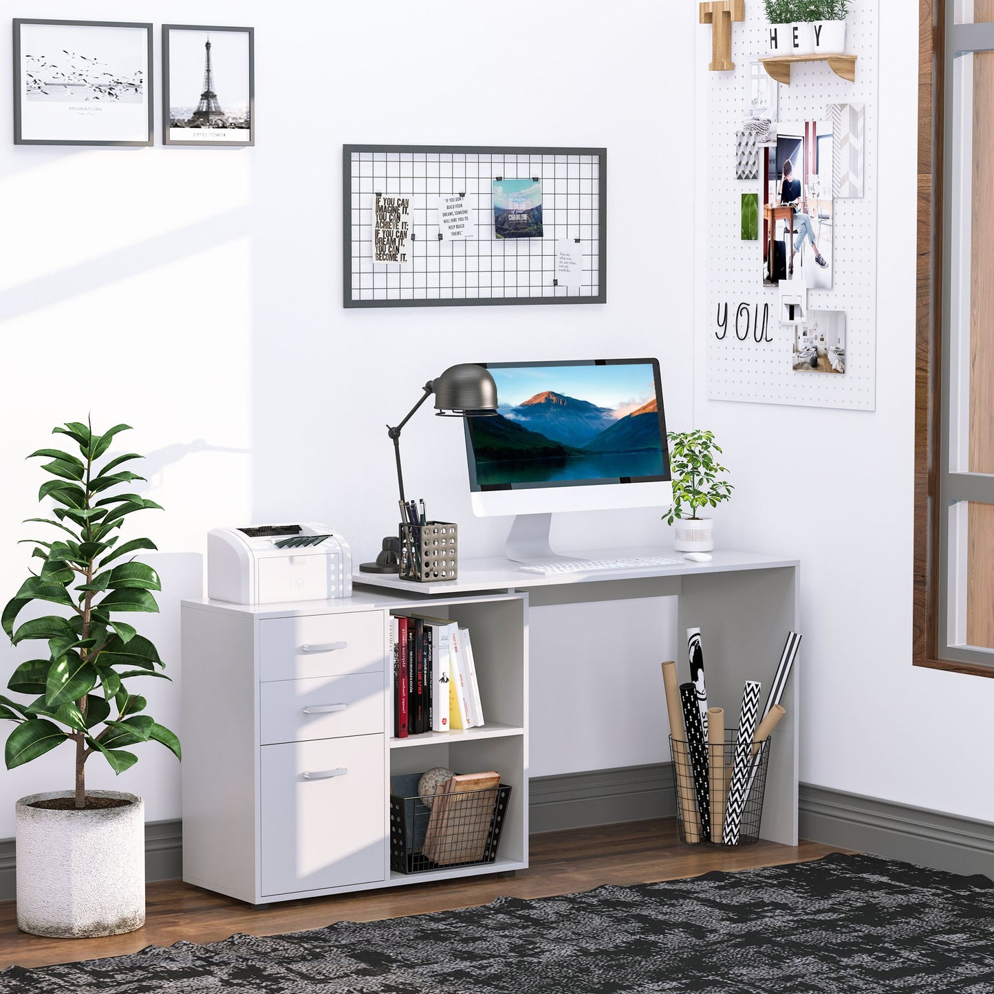 Hoekbureau – Computerbureau – Bureautafel – Modulair Bureau – Eettafel – MDF Wit – 2 Configuraties – 3 Lades & 2 Open Vakken