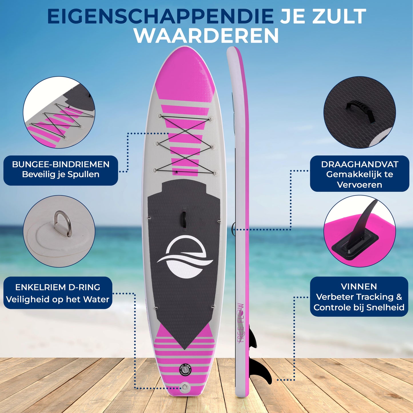 Opblaasbare Paddleboard – SUP Board – Stand Up Paddle – Zwemboard – Surfplank – Roze – Extra Breed 81 cm – Duurzaam PVC Drop Stitch