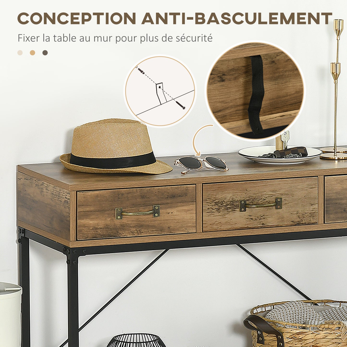 HOMCOM Console Table, Entryway Table, Sofa End Table, Carbon Steel Frame, Easy Assembly, with 3 Drawers And 1 Wooden Top, Industrial Design, 100 X 35 X 76.5 Cm, Light Brown