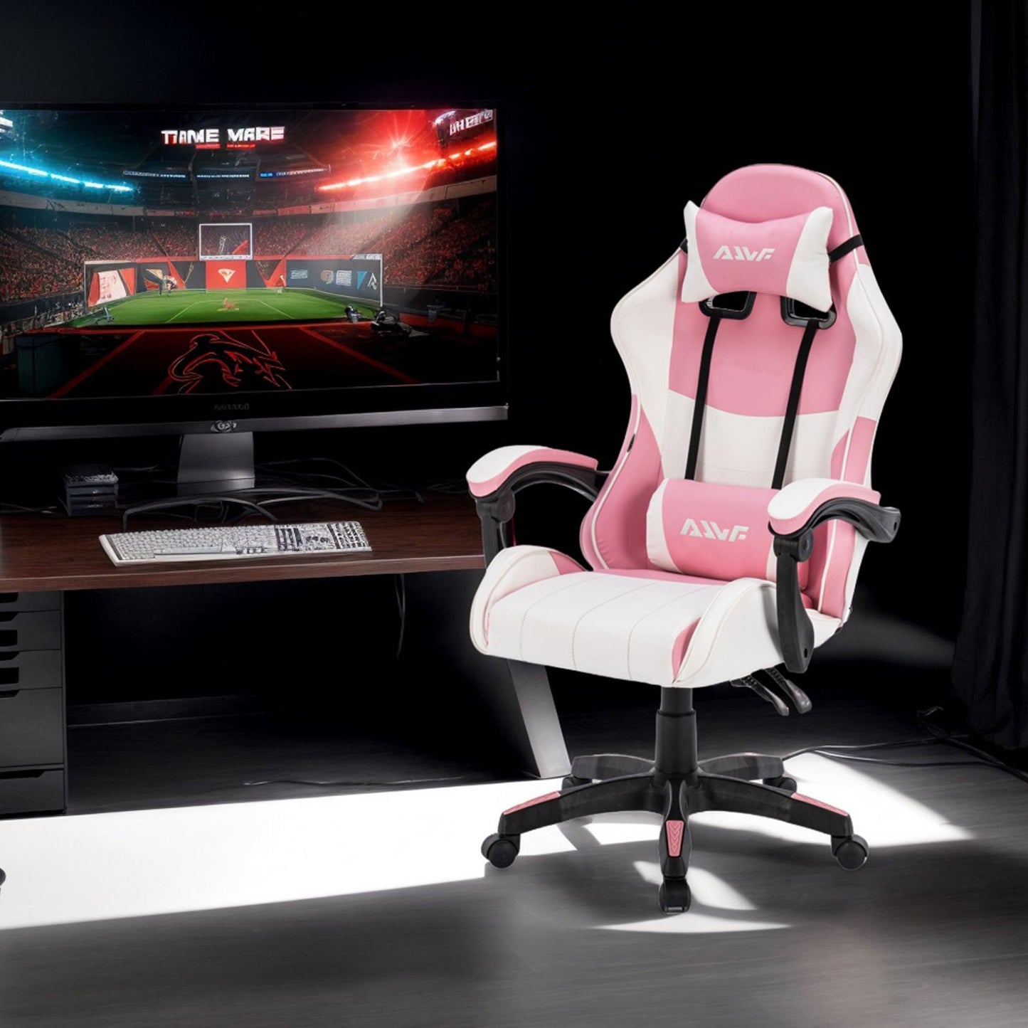 Gamingstoel – Gamestoel – Gaming Chair – Game Stoel – Bureaustoel – Ergonomisch Design – Verstelbare Rugleuning en Lendensteun – Roze/Wit