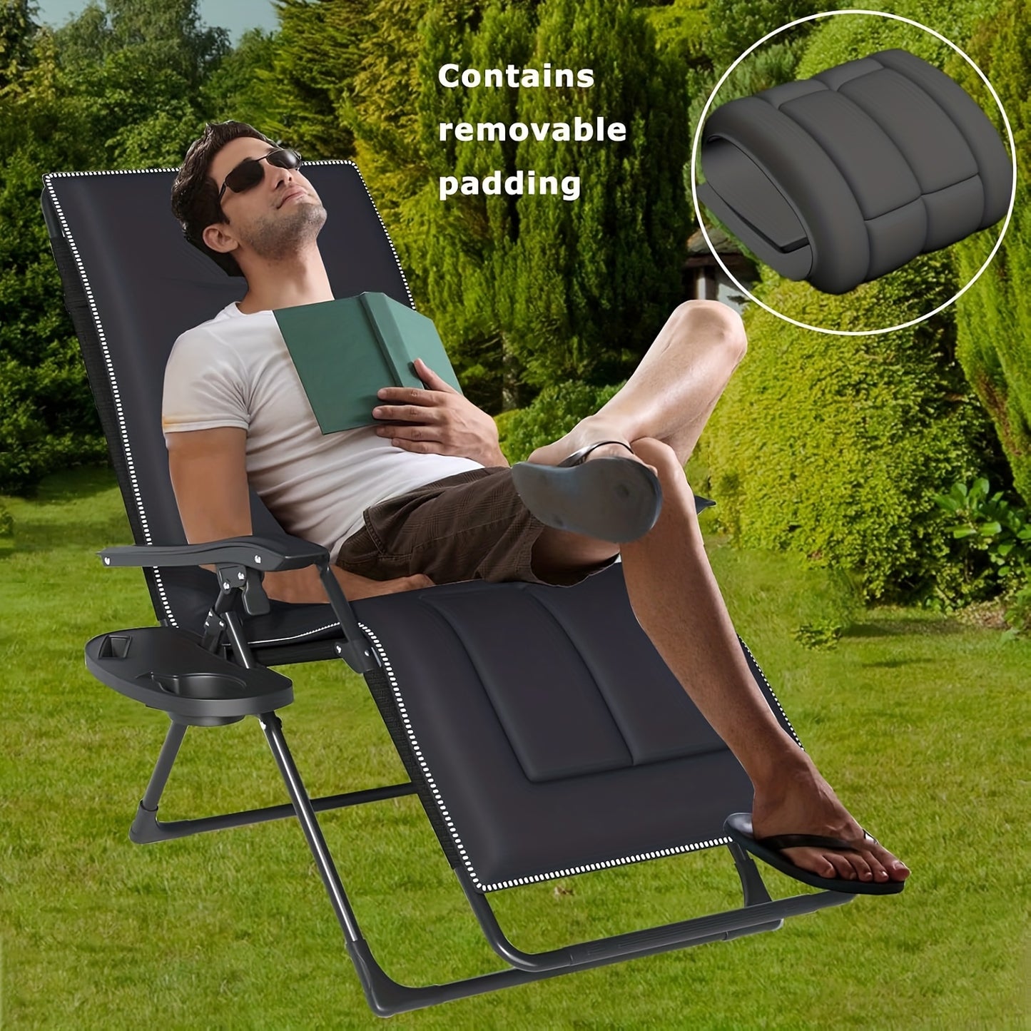 Ligbed – Ligstoel – Zonnebed – Tuinstoel – Loungestoel – Inklapbaar – Verstelbare Rugleuning – Extra Breed 72 cm – Inclusief Kussens en Bekerhouder – Zwart – Max. Draaggewicht 199,6 kg
